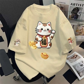 t恤新款 爆款 仿刺绣招财猫咪夏季 纯棉短袖 宽松设计感小众半袖 上衣