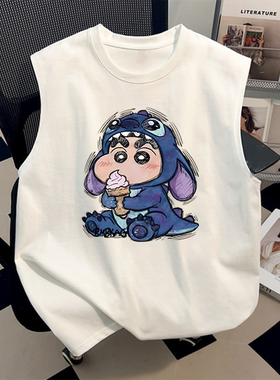 美式运动款白色夏季纯棉ins背心潮牌款呆萌蜡笔小新无袖T恤上衣潮