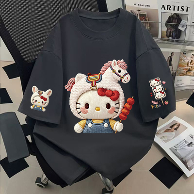 纯棉短袖t恤卡通Kitty猫仿刺绣上衣校园百搭少女感休闲夏新款