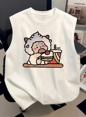 美式重磅纯棉贪吃懒洋洋T恤夏季潮牌ins情侣背心凉感无袖白色上衣