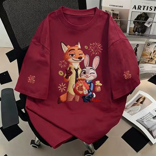 美式复古朱迪尼克送福短袖t恤新款酒红夏季高街潮牌宽松半袖上衣