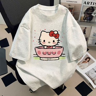 纯棉短袖Hello Kitty小猫印花上衣通用简约休闲慵懒风T恤夏季新款