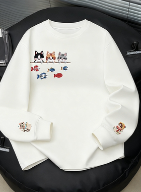 FTBHFIN美式设计感猫咪仿刺绣印花秋季宽松潮流别致纯棉vibe上衣