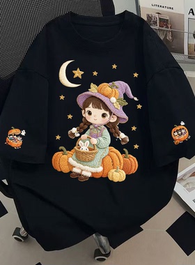 黑色纯棉仿刺绣萌趣女孩短袖t恤夏季宽松oversize半袖设计感上衣