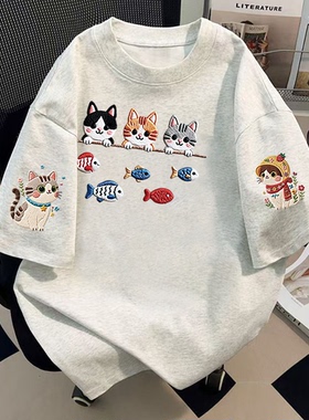可爱探头猫咪印花纯棉仿刺绣短袖T恤女2025新款夏季宽松百搭上衣