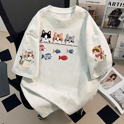 可爱探头猫咪印花纯棉仿刺绣短袖T恤女2025新款夏季宽松百搭上衣