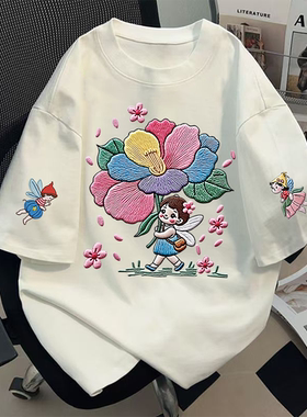 白色纯棉短袖t恤女新款仿刺绣花仙刺绣夏美式高街潮宽松百搭上衣