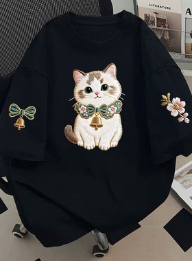 黑色短袖t恤女2025夏季新款仿刺绣高街铃铛猫咪印花上衣小个子潮