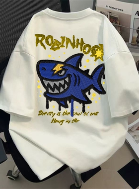 纯棉蓝色鲨鱼短袖t恤女2026新款夏季美式宽松设计感小众半袖上衣