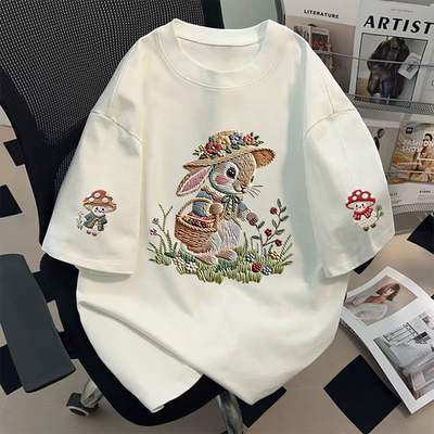 美式复古高磅纯棉仿刺绣采花兔子短袖T恤夏高级感创意印花ins上衣