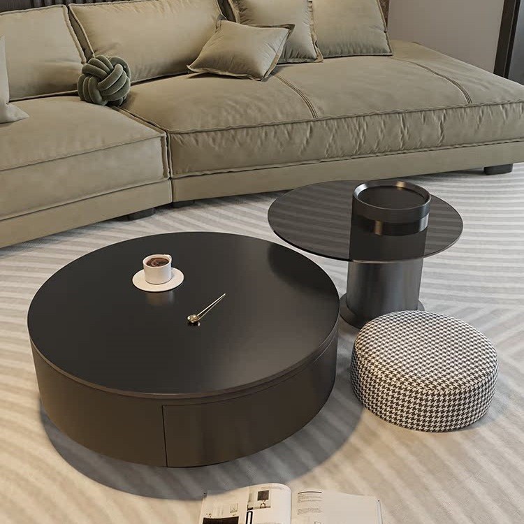 岩板圆形茶几客厅家用轻奢现代简约大小户型黑色桌意式极简感