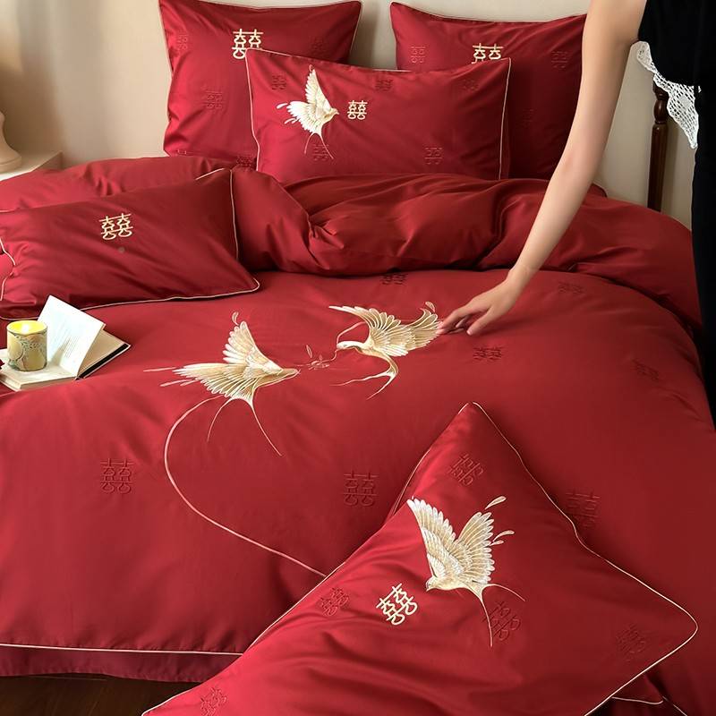 aC1r2469atlo棉ve新婚庆件套00S长 绒棉绣被套红色纯结喜被床四刺