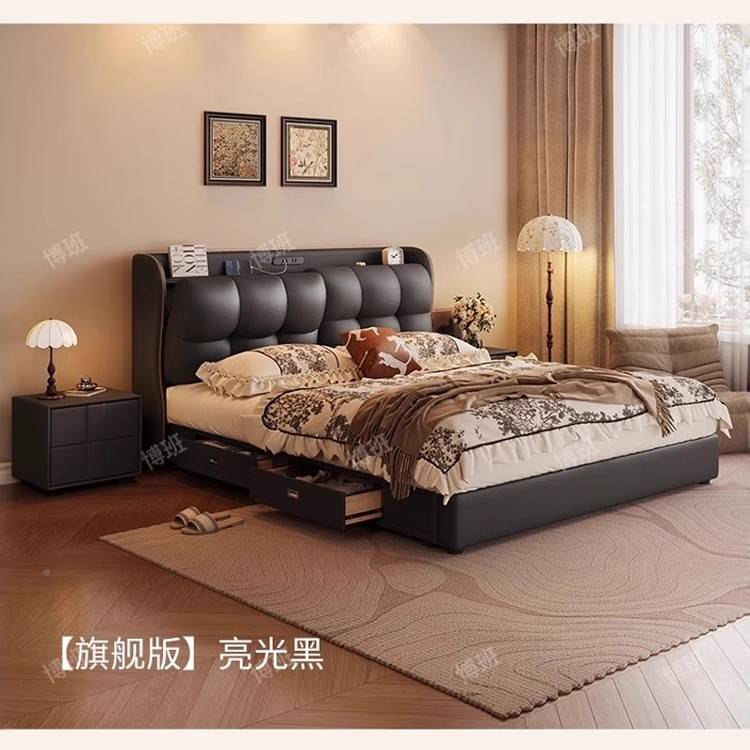 款皮床现简约双主卧代室高木气5端大1米实软23746包1新.风奶8油人