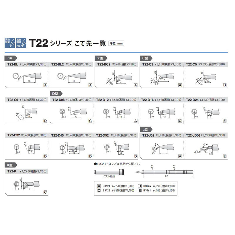 HAKKO白光T22-BL T22-BL2 T22-BC2/C3/C5/C6/D08/D12/D24烙铁头