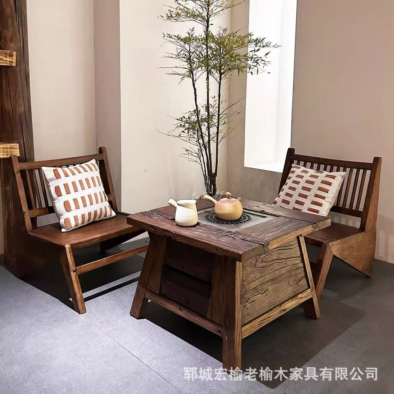 实木火锅桌围炉煮茶桌民宿户外火炉桌诧寂风家具小方桌阳台围炉桌