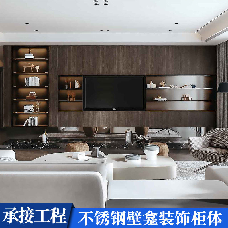 嵌入式拉丝黑钛不锈钢电视柜壁龛装饰背景柜一体式墙体金属壁柜