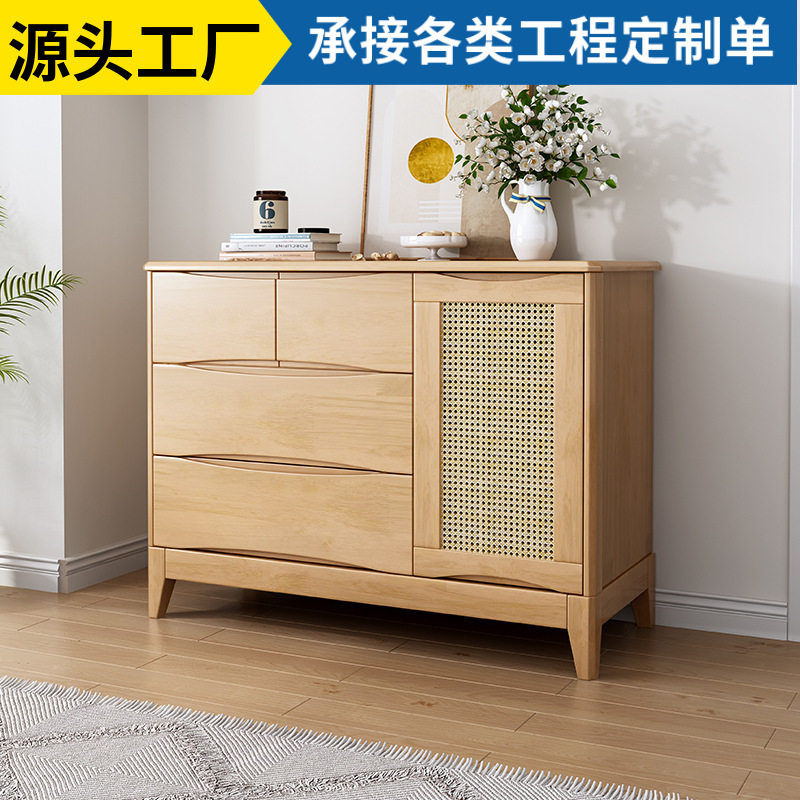 实木藤编双门六斗收纳柜
