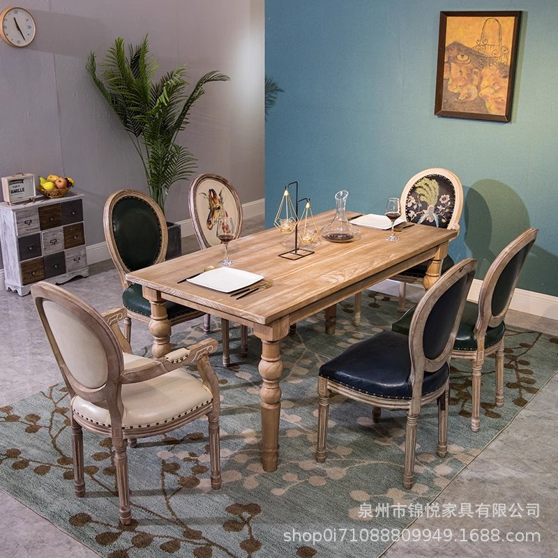 美式全实木做旧复古长方形餐桌