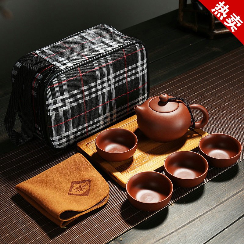 原矿紫砂手工旅行茶具户外车载便携式包竹盘套装快客杯一壶四杯