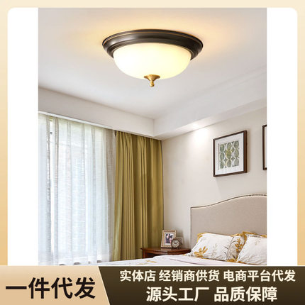 美式全铜吸顶灯圆形主卧室灯简约房间阳台灯过道LED灯具三色变光