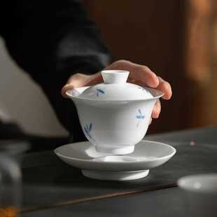 手绘兰花白瓷三才盖碗茶杯单个家用分茶碗薄胎复古手工陶瓷