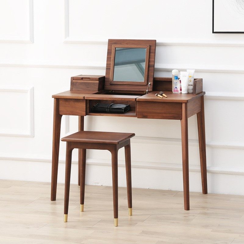 北美黑胡桃木梳妆台 家具简约现代 纯实木化妆桌 迷你翻开化妆台