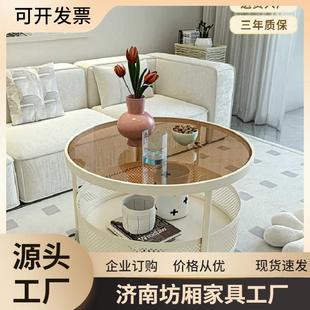 奶油风可移动茶几小户型客厅家用沙发边几桌带轮迷你玻璃圆桌 法式
