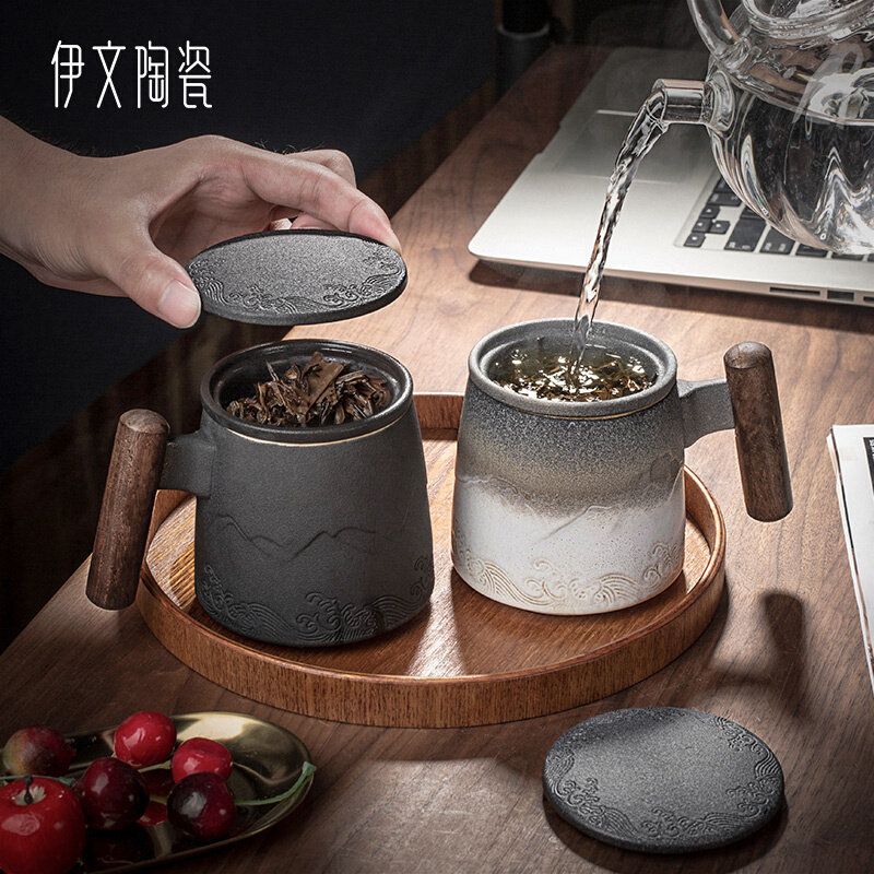 伊文陶瓷山海行带盖过滤泡茶杯办公室茶杯马克杯家用茶水分离水杯
