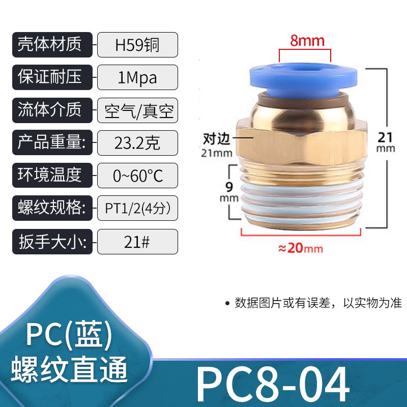 气管快速接头PC8-02螺纹直通4-M5快插6-01气动元件03丝牙10铜配件