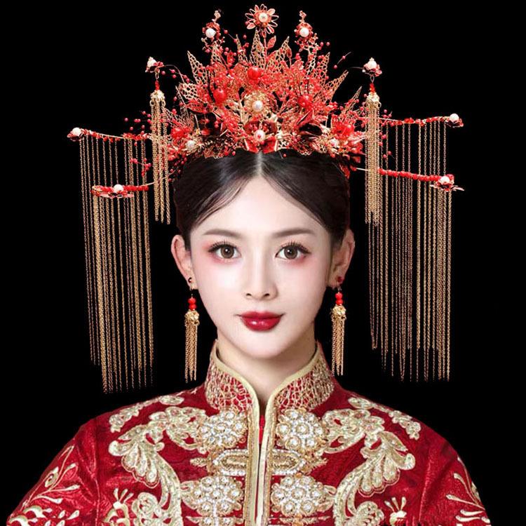 中式新娘秀禾服头饰新娘复古秀禾头饰凤冠霞帔发饰结婚头冠女