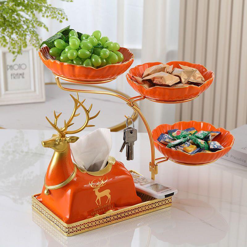 2022新款铁艺陶瓷水果盘客厅茶几家用多层点心干果盘创意轻奢高档