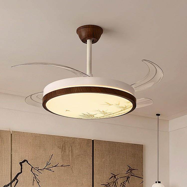 中古复古胡桃木纹风扇灯餐厅一体吊扇灯法式奶油风隐形客厅电扇灯