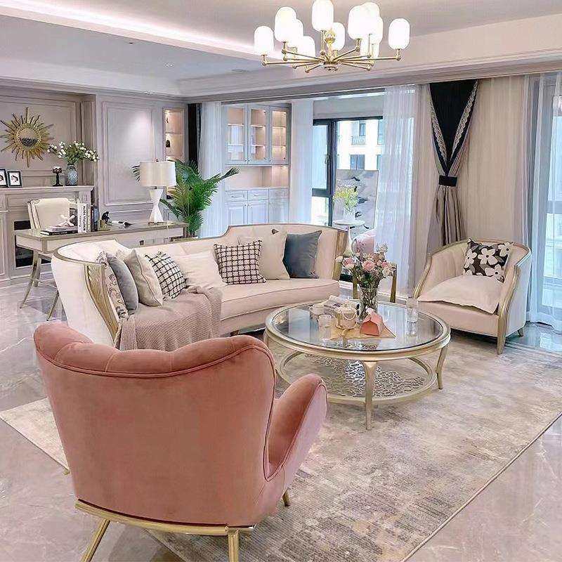 美式客厅三人沙发轻奢茶几家具组合沙发欧式雕刻沙发弧形布艺沙发