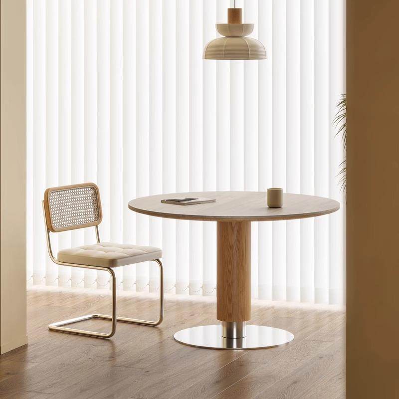 洞石岩板圆桌餐桌家用小户型餐厅圆形饭桌设计师桌子白蜡木实木