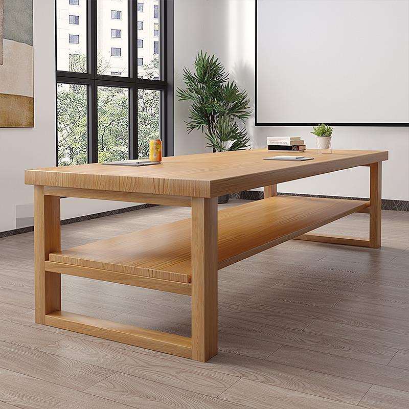 原木洽谈桌办公长桌工作台电脑桌商用双层简约实木会议桌椅组合