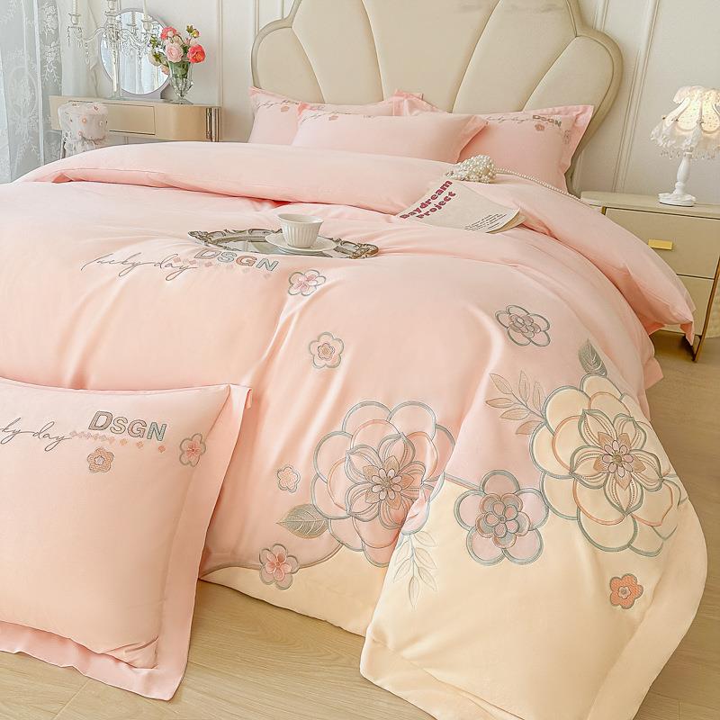 高端韩式花卉刺绣全棉四件套主卧被套纯棉床单粉色结婚小清新床品
