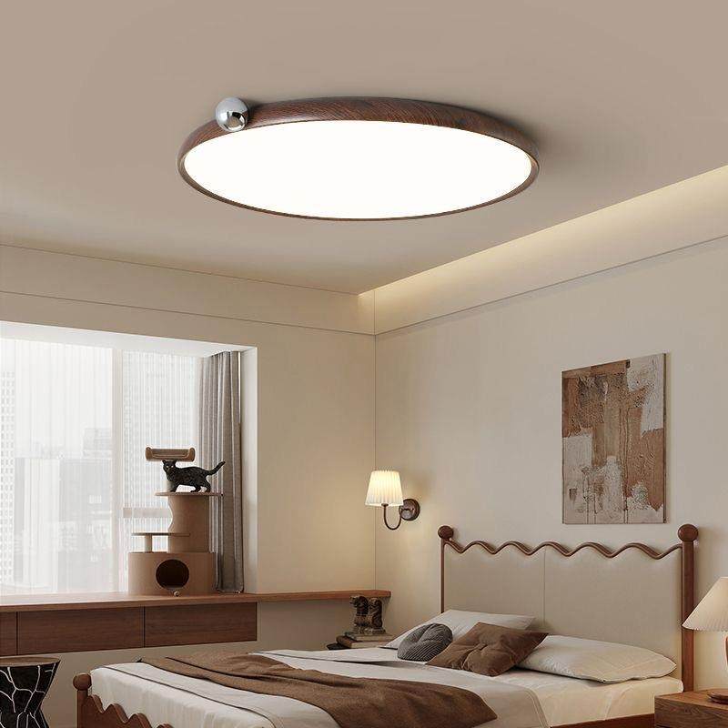 法式中古风奶豆卧室灯饰复古全光谱护眼胡桃木纹灯超薄书房吸顶灯