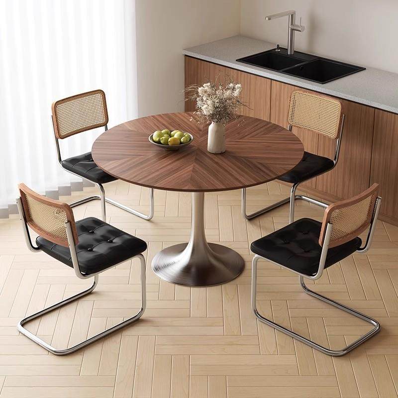 法式中古圆形餐桌实木桌面圆餐桌郁金香小圆桌不锈钢小蛮腰洽谈桌