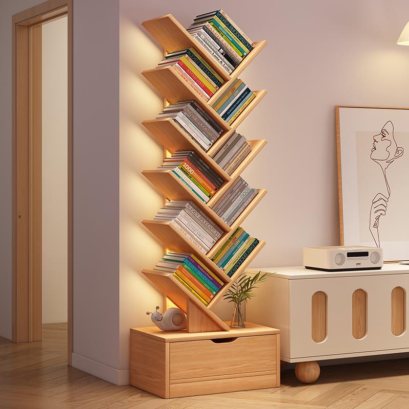 简易树形小书架落地置物架转角书柜客厅收纳架多层创意拐角窄柜子