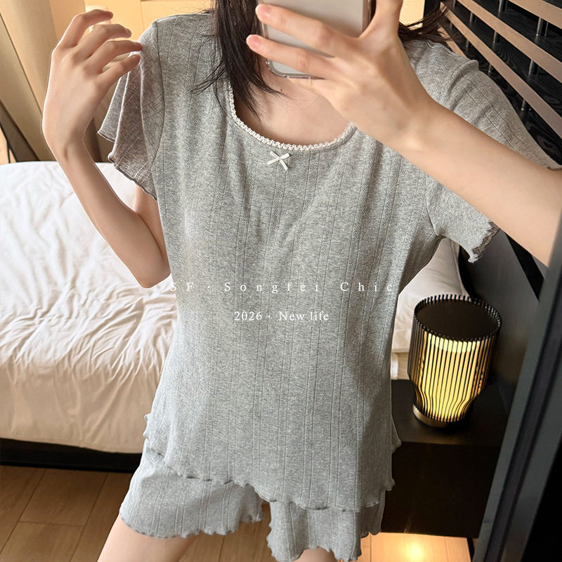 法式蕾丝A类纯棉睡衣女夏免穿文胸一体式带胸垫木耳边家居服套装