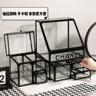 护肤品收纳盒化妆品收纳架家用面整理置物架玻璃桌口红防尘盒网红