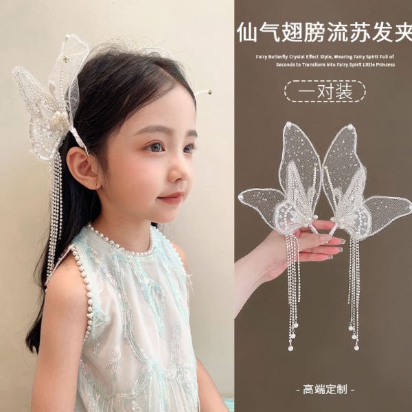发夹颜值品女童流苏高公主蝴蝶羽毛宝宝夹仙美儿童对发卡头饰水钻