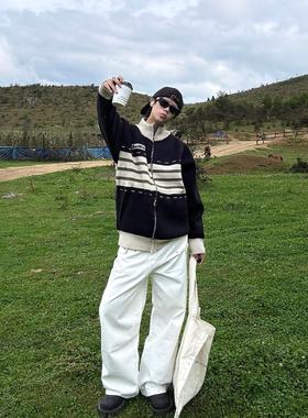 EAT 秋冬加厚条纹撞色开衫立领毛衣男宽松复古慵懒风情侣针织外套