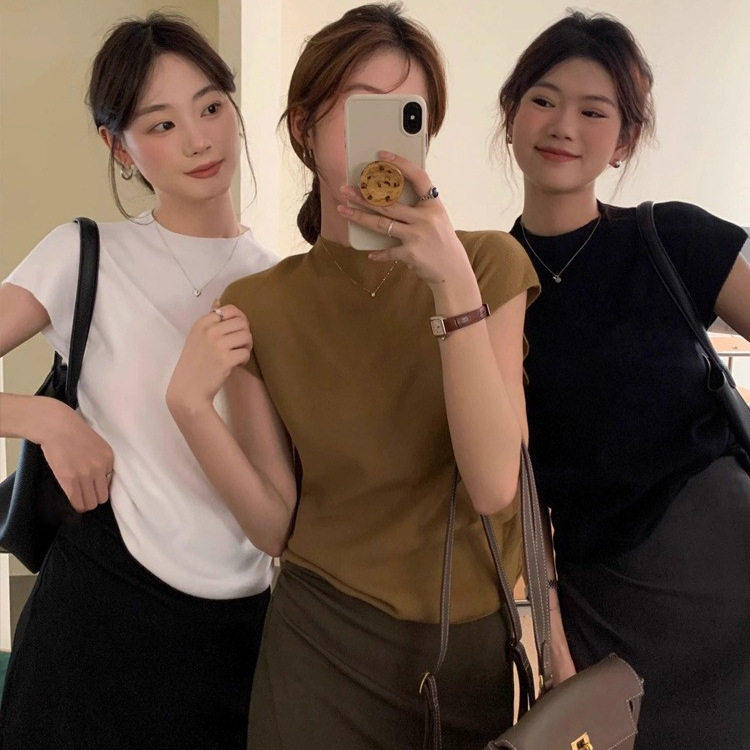 法式半高领短袖t恤女装上