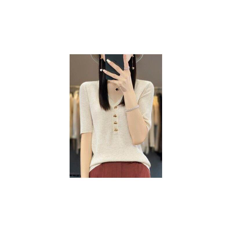 针织衫女V领短袖修身打底