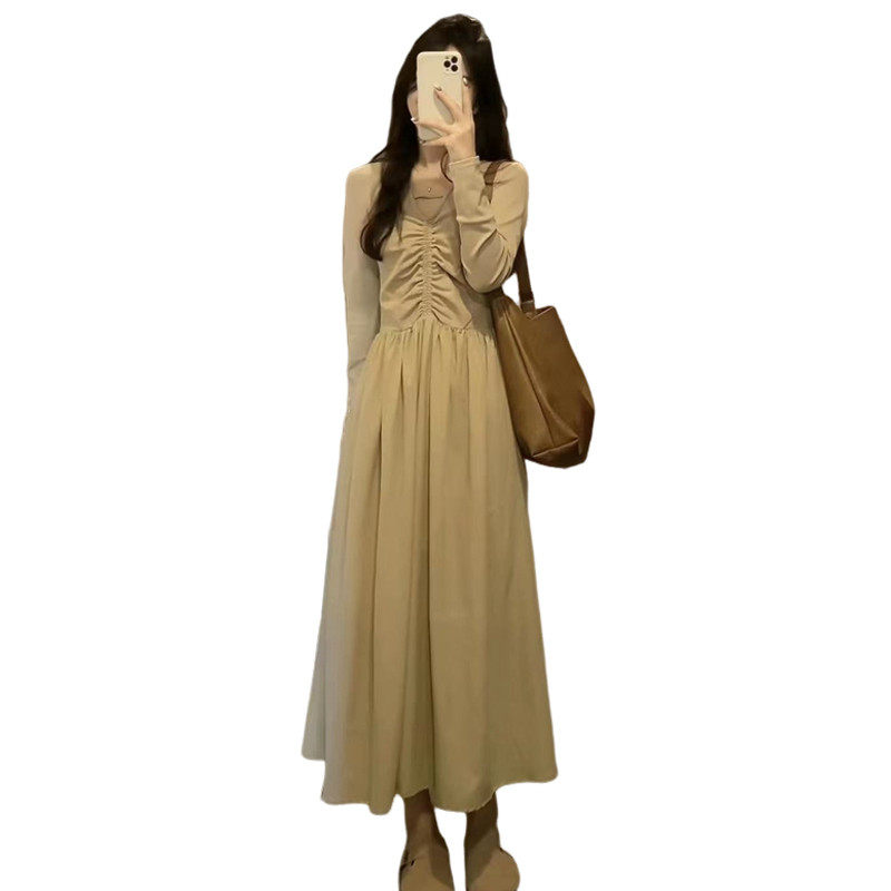 秋冬季长袖V领连衣裙子女