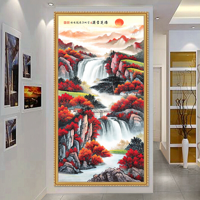 粘自壁纸入户玄关装饰画招财山水画风景壁画客厅走廊竖版贴画墙纸