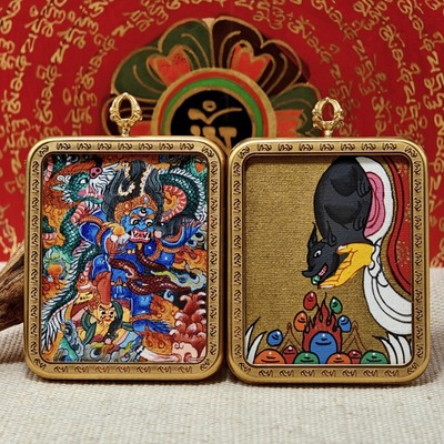 西藏纯手绘扎基拉姆黄黑财神大黑天绿度母小唐卡手绘diy吊坠项链