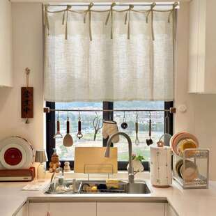 送杆 厨房窗帘穿杆半遮光窗户遮挡帘亚麻棉麻布飘窗半截式免打孔