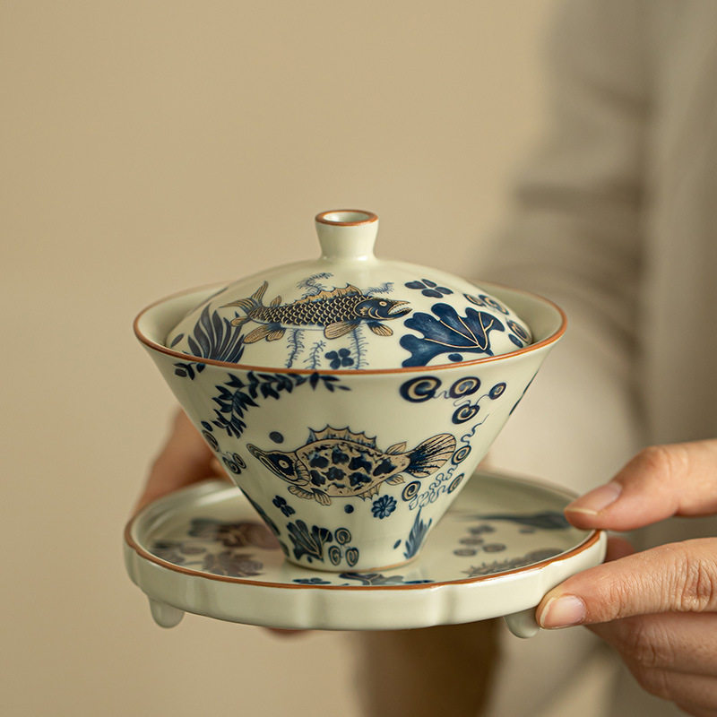 景德镇青花鱼藻纹三才盖碗家用陶瓷泡茶茶具敬茶碗茶盏斗笠盖碗套